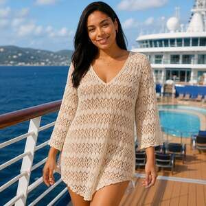 Jordan Taylor XL Beige Crochet Knit Swim Cover Up Tunic V Neck Beach Cover Up